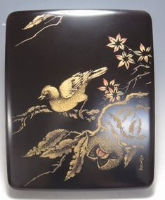 前大峰 黒塗硯箱 彫金栗ニ樫鳥之図