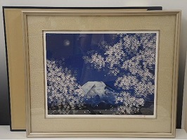 中島千波 シルクスクリーン「月下春桜富士」