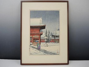 川瀬巴水 木版画「 根津権現の雪 」