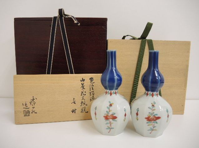 色絵瑠璃山茶花文瓢瓶 加藤土師萌