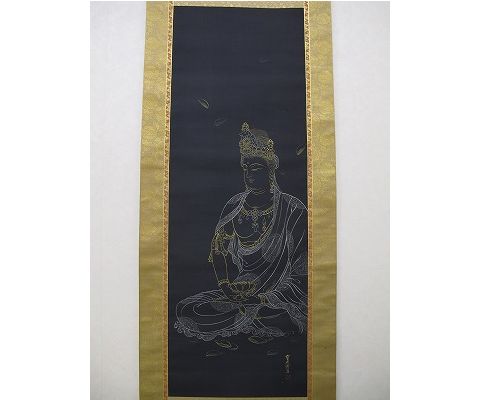 紺絹金銀泥聖観音坐図 木村武山画 buzan-kimura